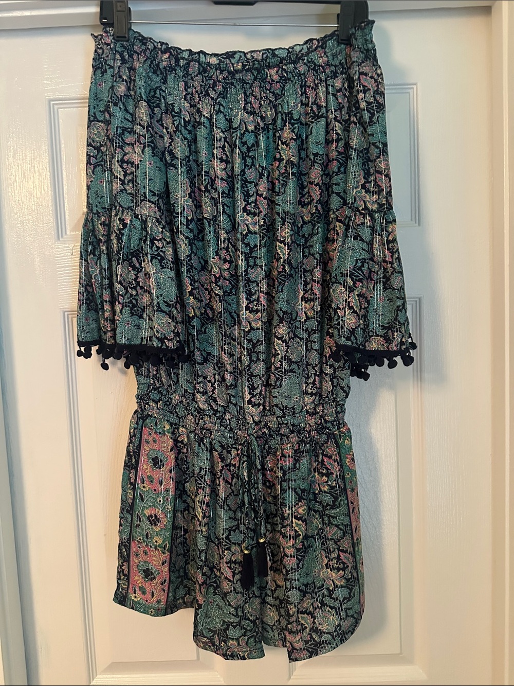 RAGA Teal Floral Off-Shoulder Romper with Black Pom Trim